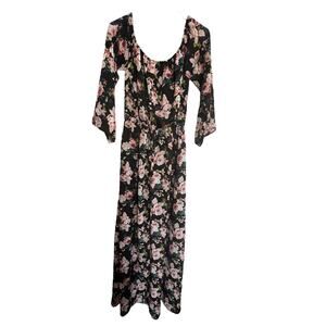 Altar'd State Dress Womens Size Medium Black Floral  off the shoulder Maxi Boho